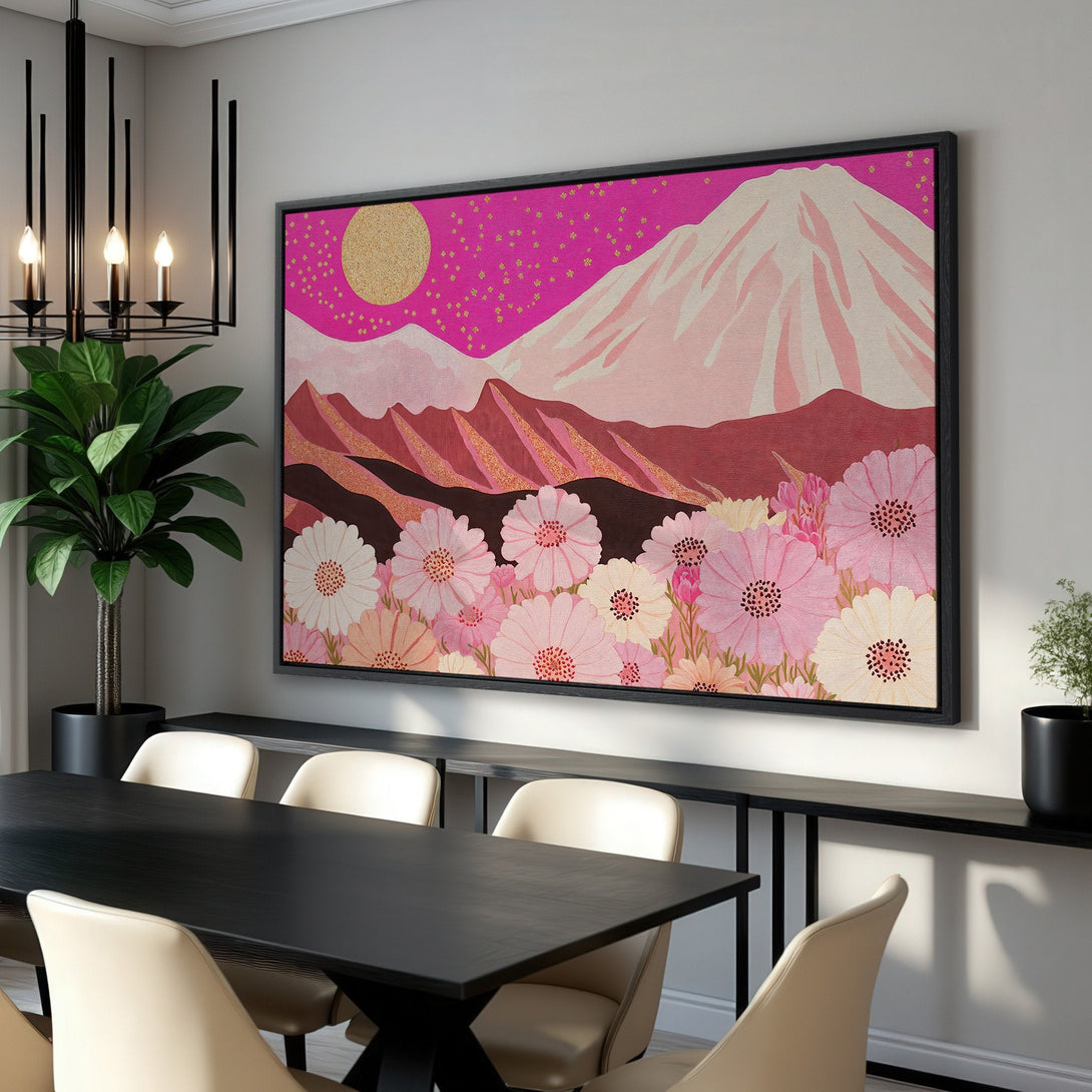 Framed Wall Art featuring a mountain landscape with flowers in pink, gold, and cream hues. Modern art for home decor.