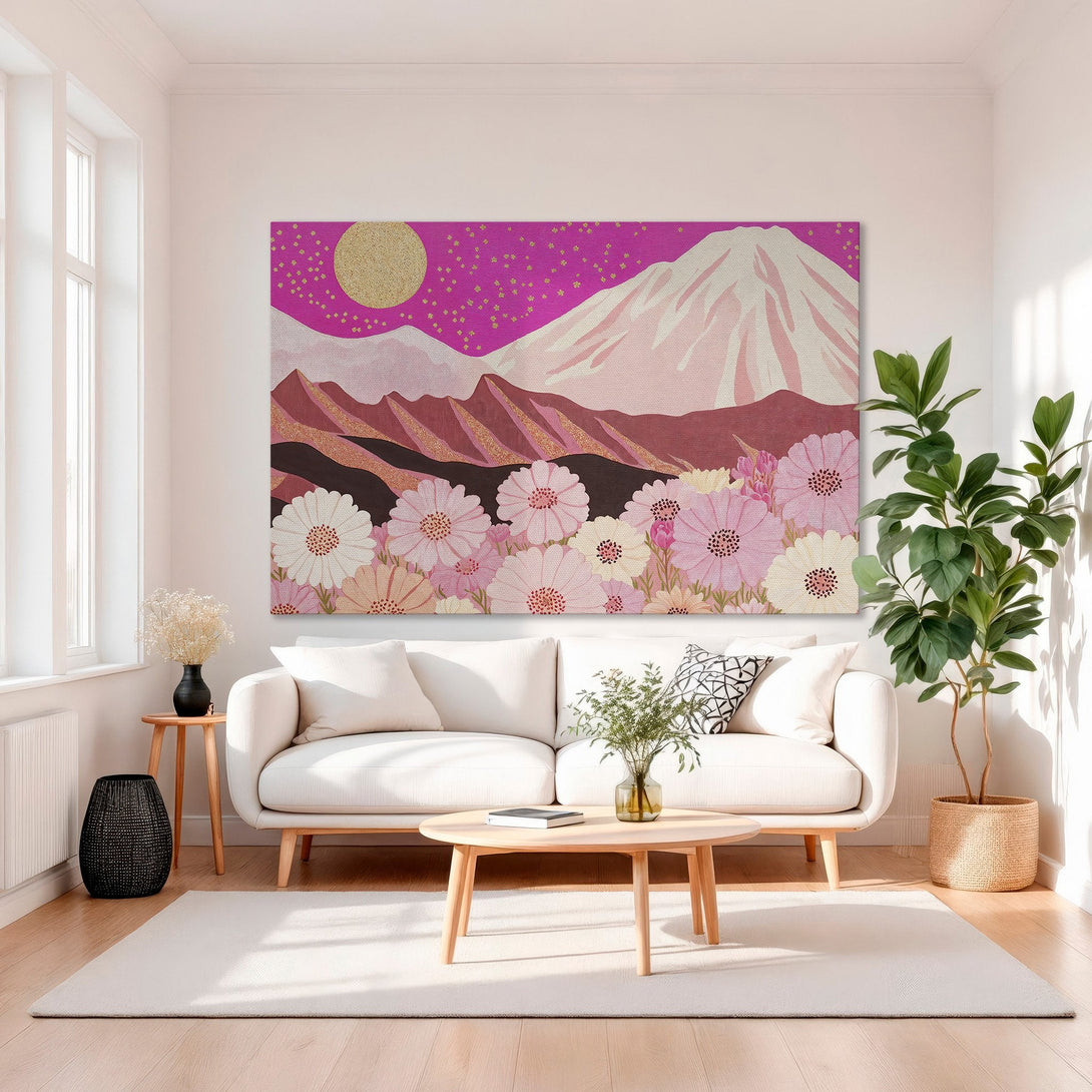 Framed Wall Art: Pink mountain landscape Canvas Print, floral design, gold frame, modern style, and a warm color palette. Perfect home decor.
