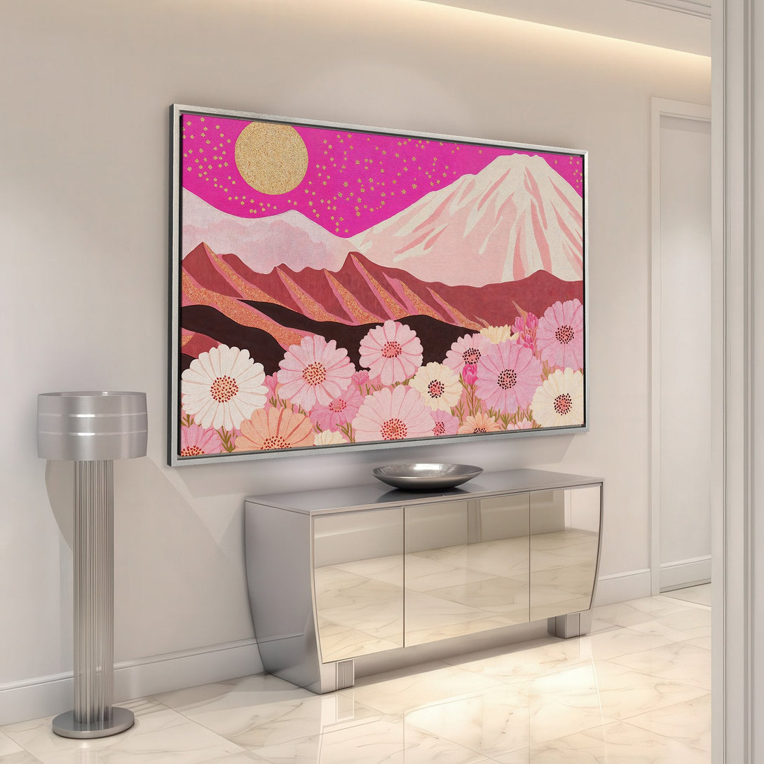Framed Wall Art: Mountain landscape Canvas Print in pink & gold hues. Modern floral art, perfect for adding a touch of elegance to any space.