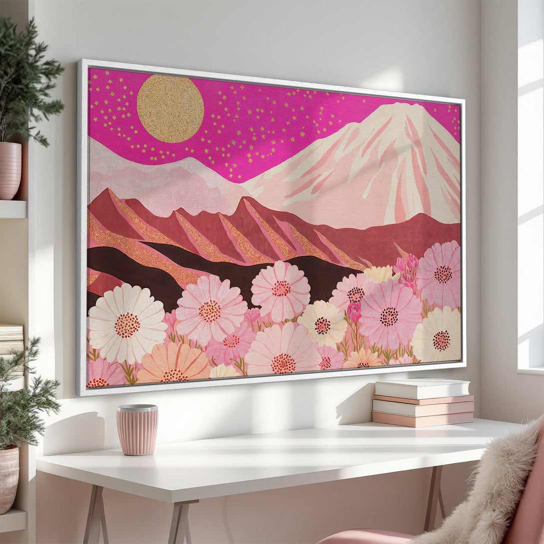 Framed Wall Art: Floral landscape Canvas Print in pink and gold tones. Modern art for a stylish home decor.