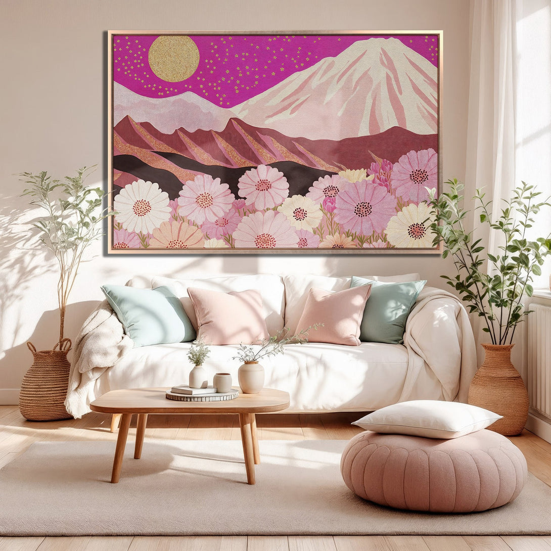 Framed Wall Art: Floral mountain landscape in pink and gold. Modern art print adds a pop of color to any room. Shop canvas prints now!