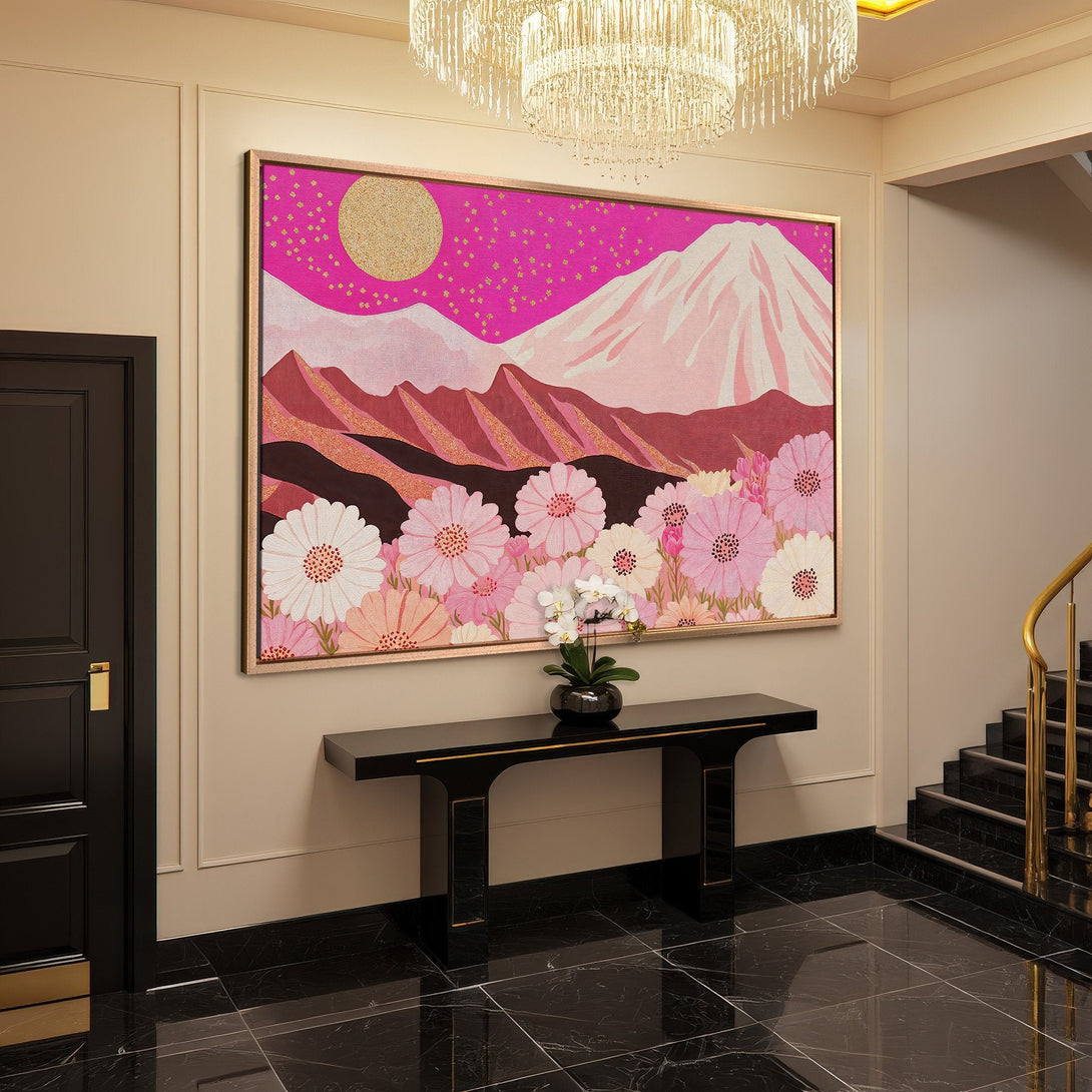 Framed Wall Art: Vibrant floral landscape Canvas Print in pink and gold tones, adds a pop of color to any interior decor.