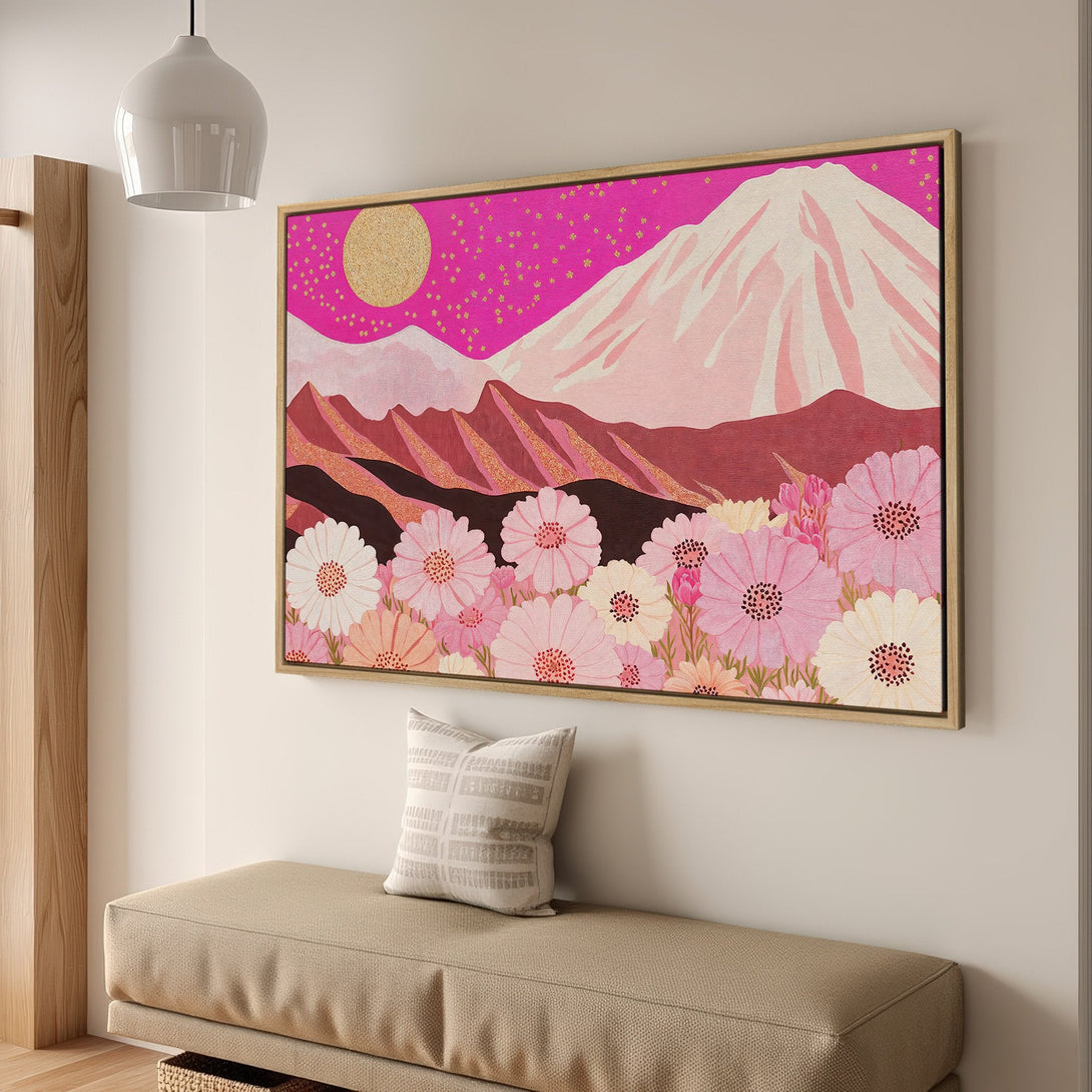 Framed Wall Art: Floral mountain landscape in pink and gold tones. Modern, stylish canvas print for home decor.