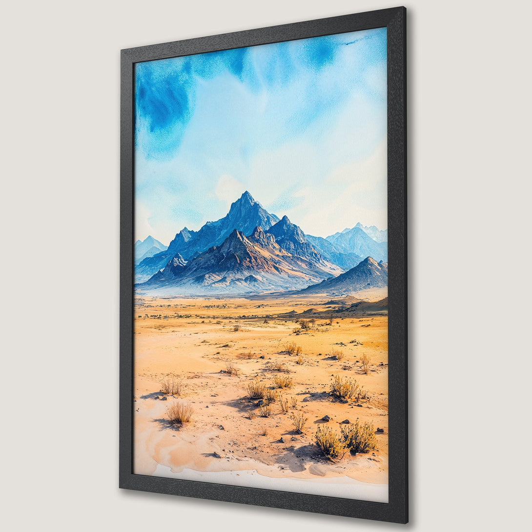 Framed Poster featuring a watercolor desert landscape with blue mountains and warm yellow tones. Perfect wall art for your home!