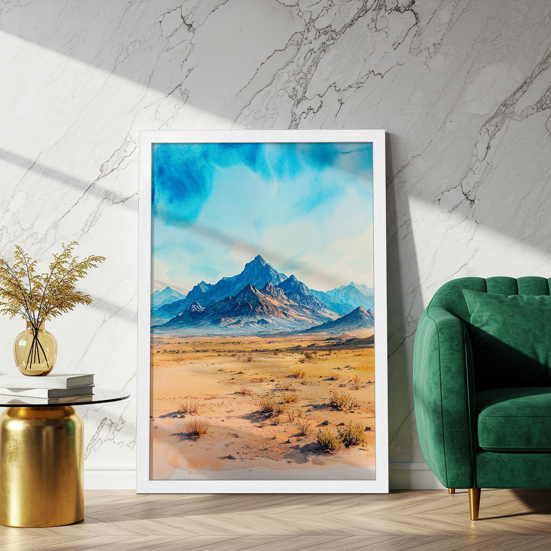 Framed Poster featuring a watercolor mountain landscape in blue and beige tones. Add a touch of nature to your home!