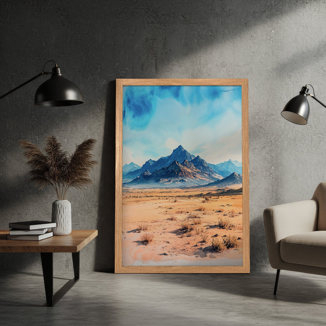 Framed Poster featuring a watercolor desert landscape with a blue sky and mountains. Earthy tones and a serene style. Perfect wall art!