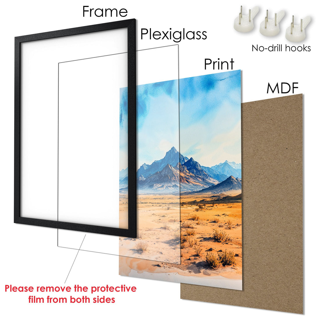 Framed Poster of a mountain landscape in watercolor style. Features a blue, beige, and brown color palette. Ready to hang!