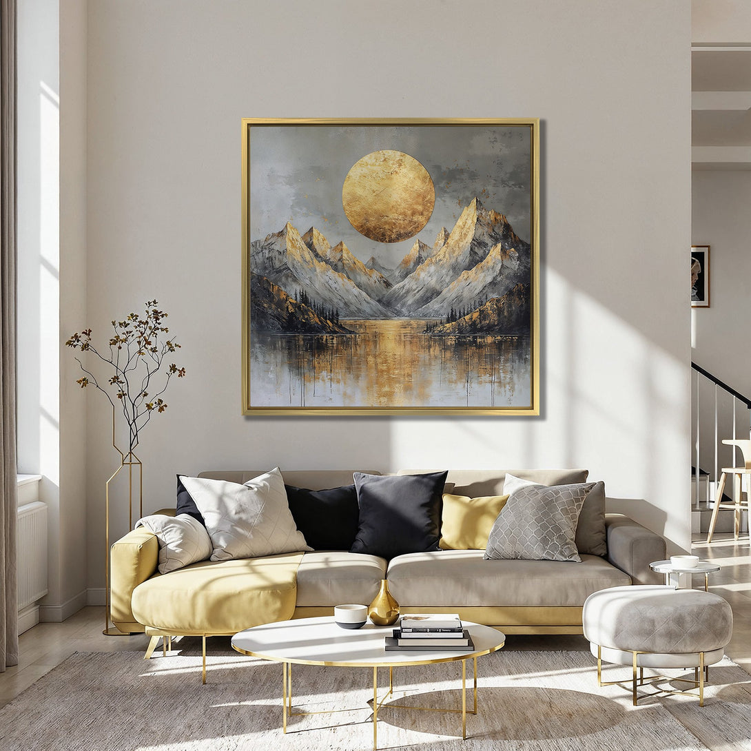Canvas Print of a mountain landscape with a golden sun, modern style, neutral and gold color palette, perfect for home decor.