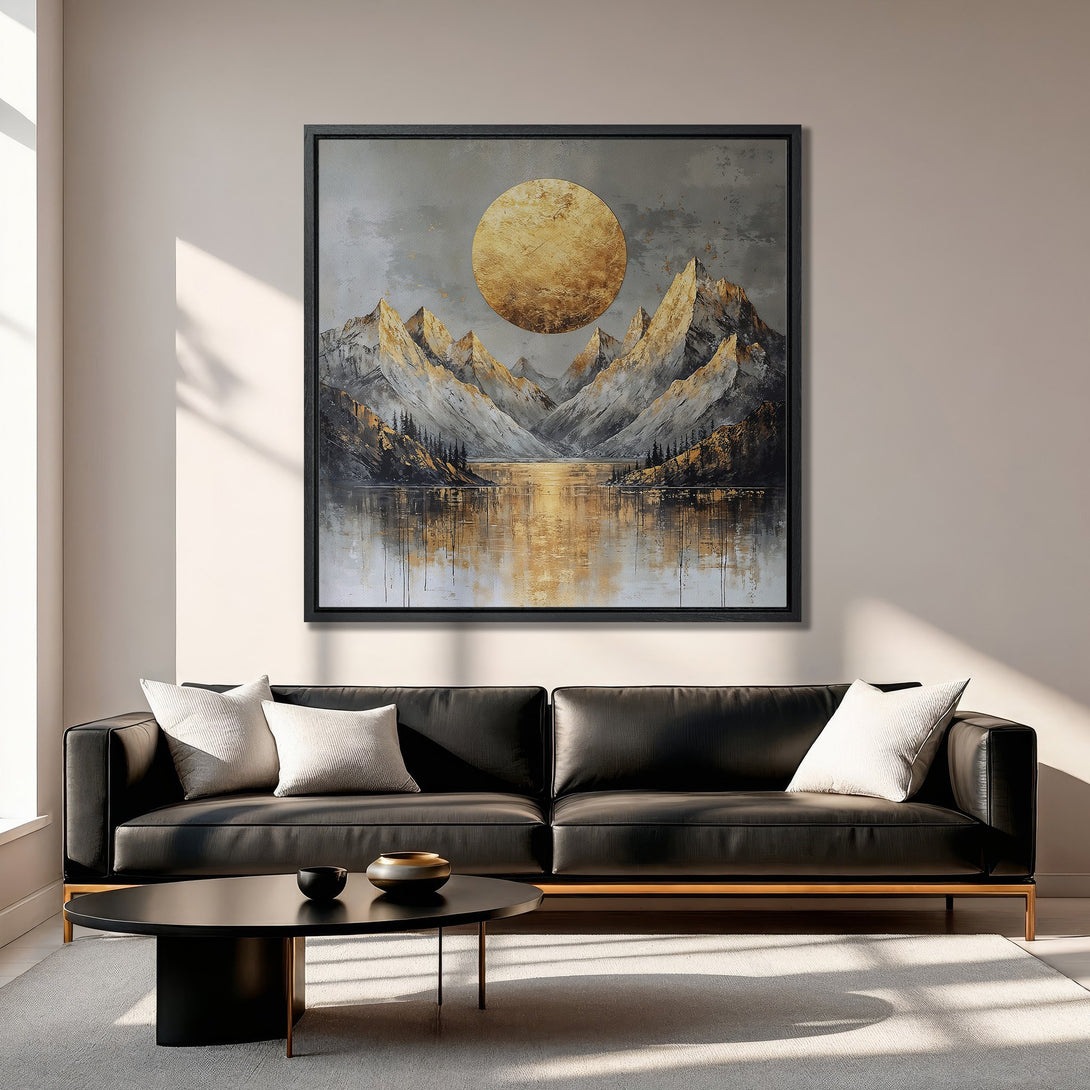 Framed Wall Art: Abstract landscape Canvas Print with gold and gray mountains, sun, and lake. Modern art for home decor.