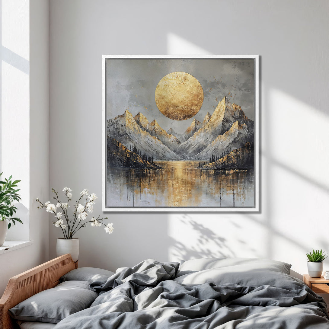 Framed Wall Art: Abstract mountain landscape Canvas Print in gold and gray tones, perfect for bedroom decor. Modern, serene, and stylish wall art.