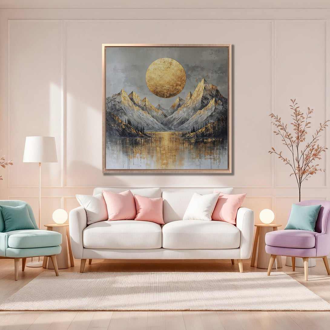 Framed Wall Art: Stunning mountain landscape painting in gold and gray tones. Perfect for adding a touch of elegance to your living room. Shop now!
