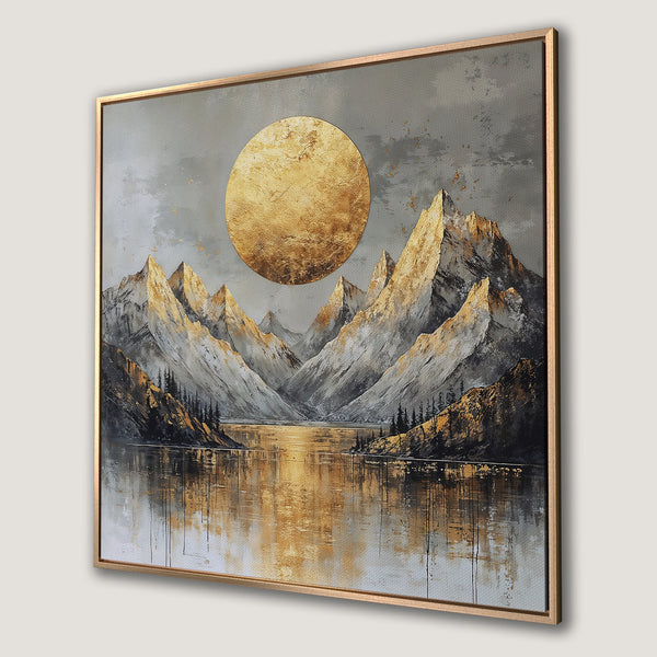 Framed Wall Art: Abstract mountain landscape with gold and gray tones. Modern decor for your home. Add a touch of elegance with this canvas print.