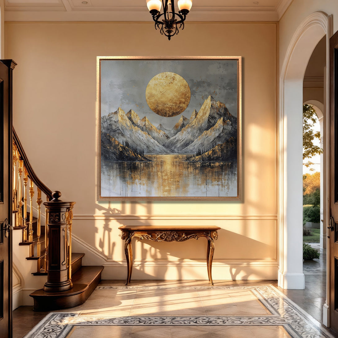 Framed Wall Art: Abstract landscape Canvas Print in gold, gray, and black. Modern artwork adds elegance to interior design.