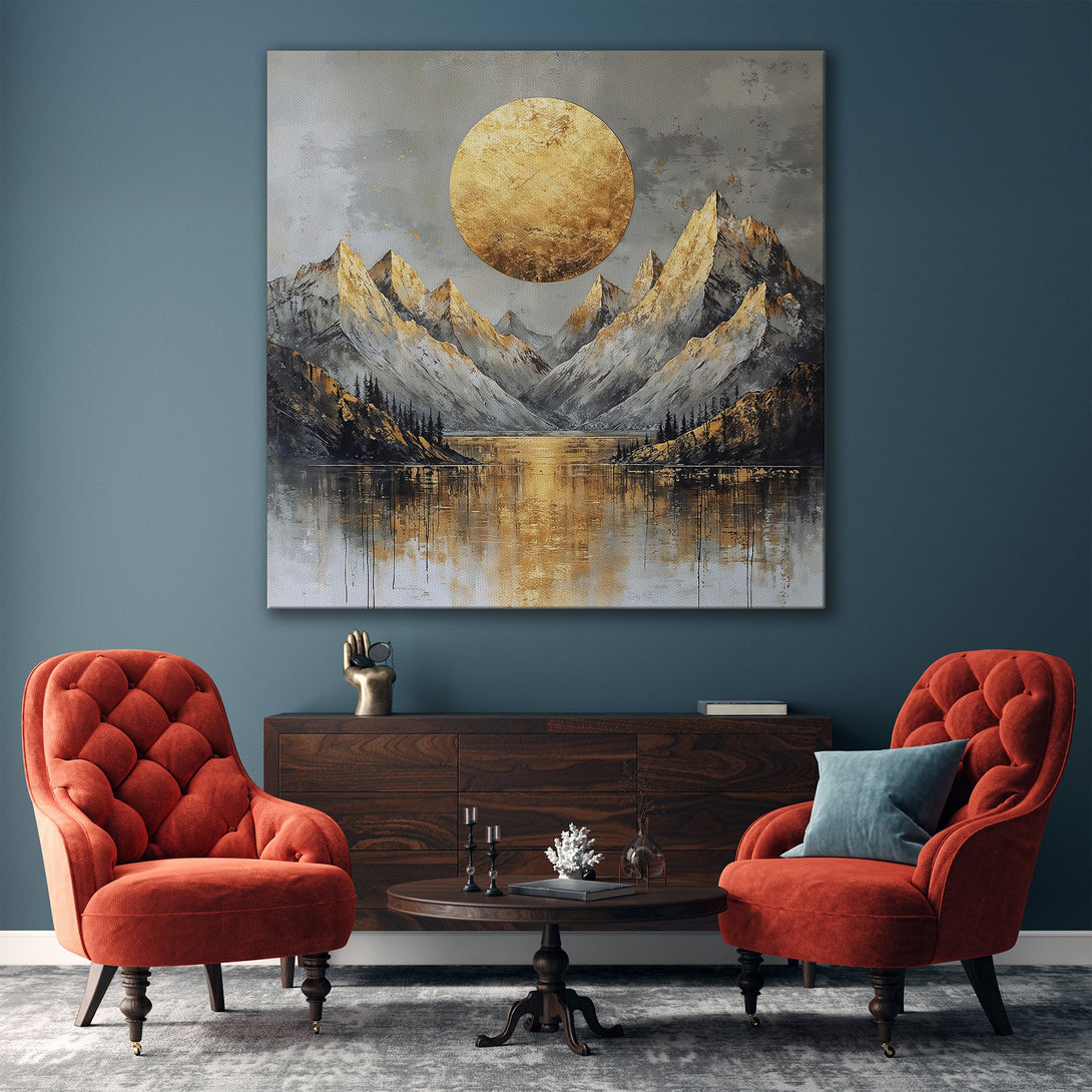 Framed Wall Art: Abstract mountain landscape Canvas Print in gold, gray, and neutral tones. Perfect for modern home decor.