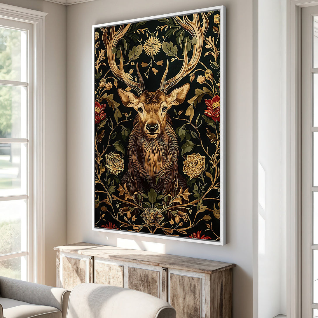 Framed Wall Art Canvas Print featuring a regal stag in a floral, gold-toned design against a black background. Adds a touch of elegance to any space.