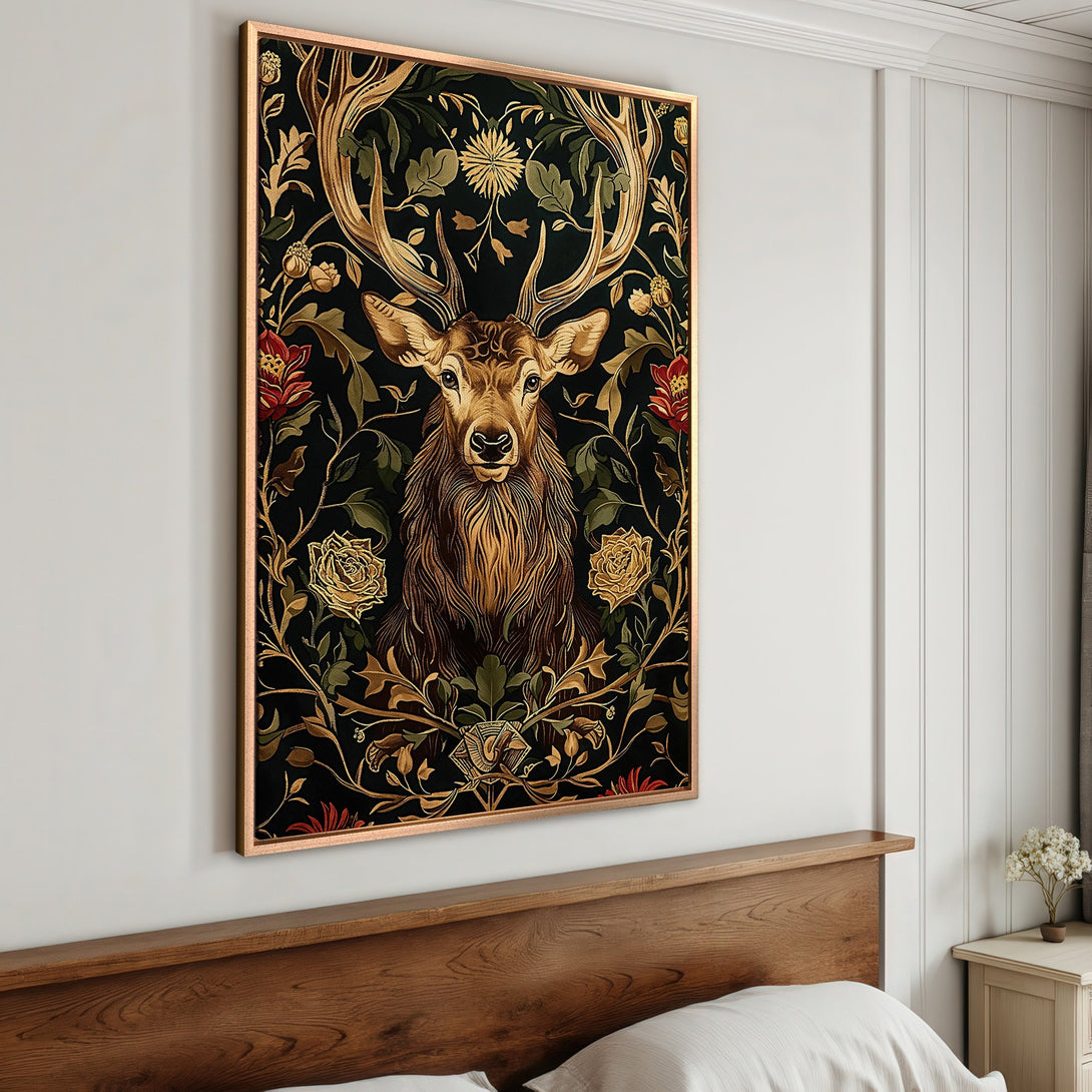 Framed Wall Art: Majestic deer canvas print in a floral, Art Nouveau style. Features a rich, dark color palette with gold and red accents.