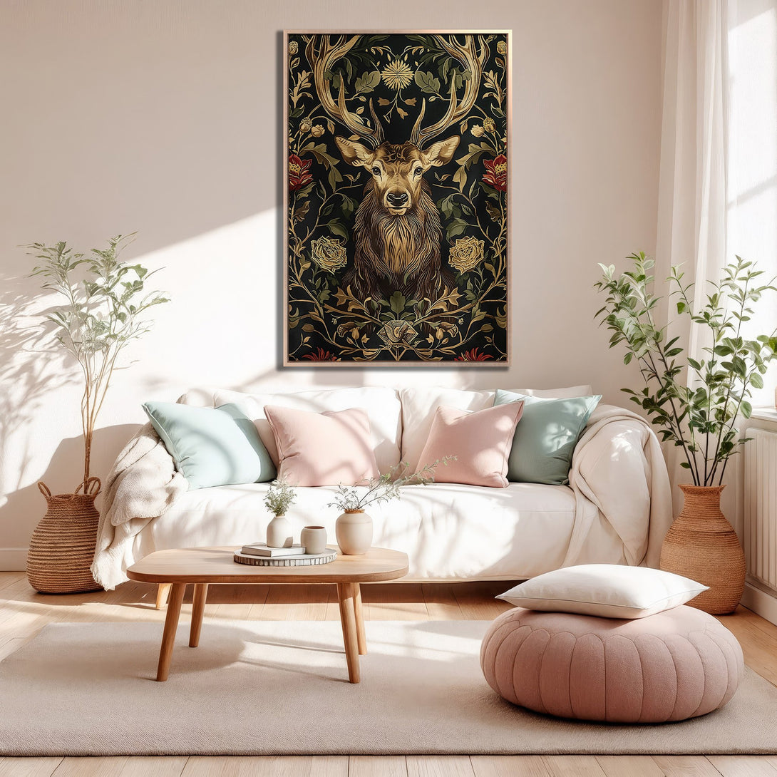 Framed Wall Art featuring a majestic deer in a floral design, perfect for home decor. Rich, dark color palette with gold accents. Elevate your space today!