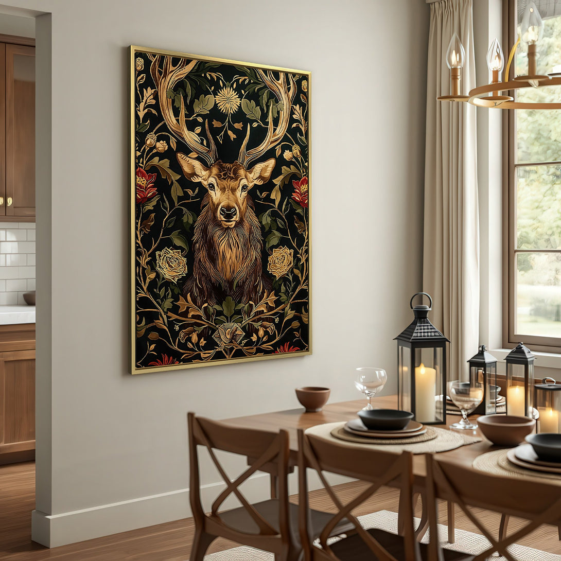 Canvas Print of a regal stag in a floral design, featuring a dark, moody palette with gold and red accents. Perfect wall art for a sophisticated space.