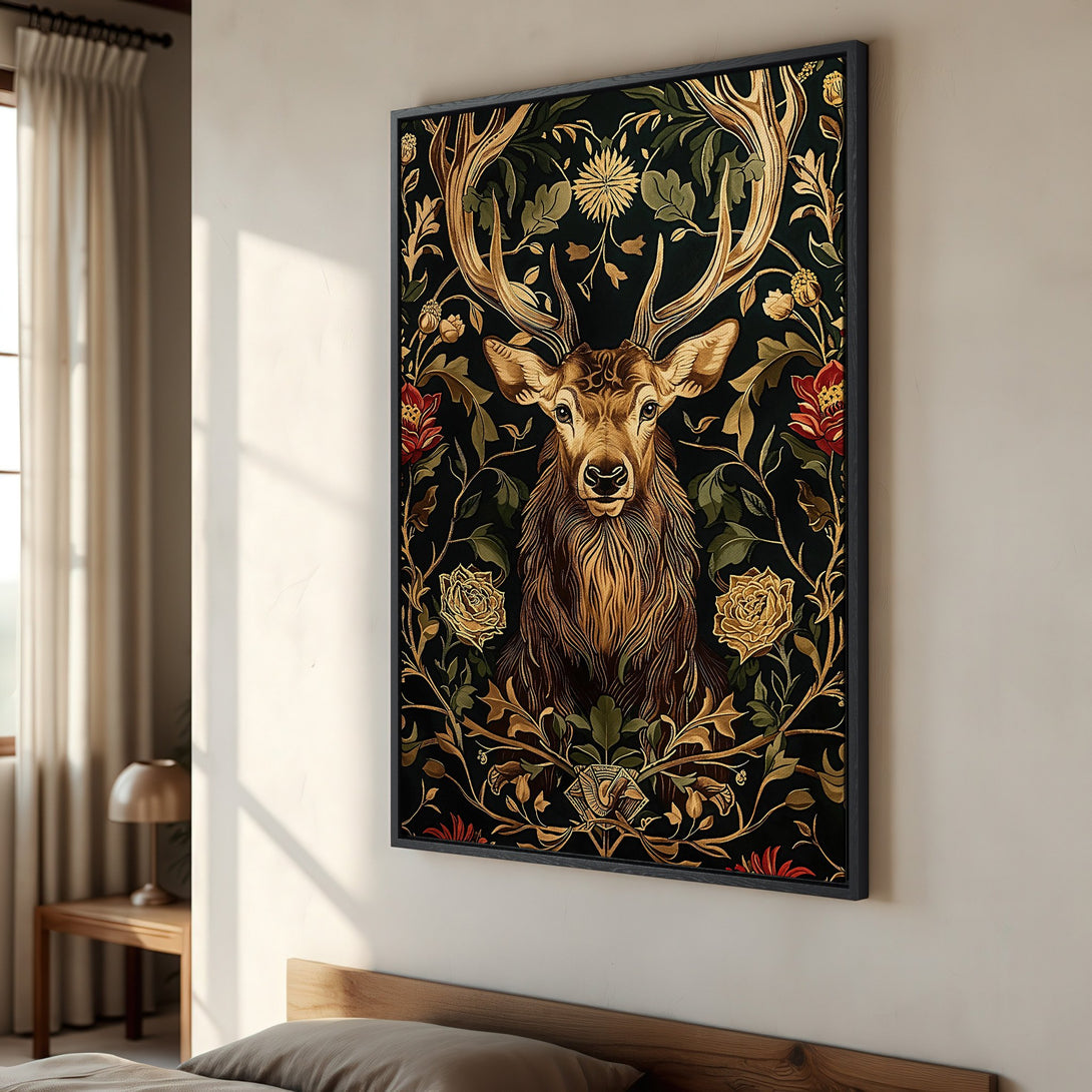 Framed Wall Art featuring a majestic deer in a floral tapestry design. Rich, dark color palette with gold, green, and red accents. Perfect for adding elegance.