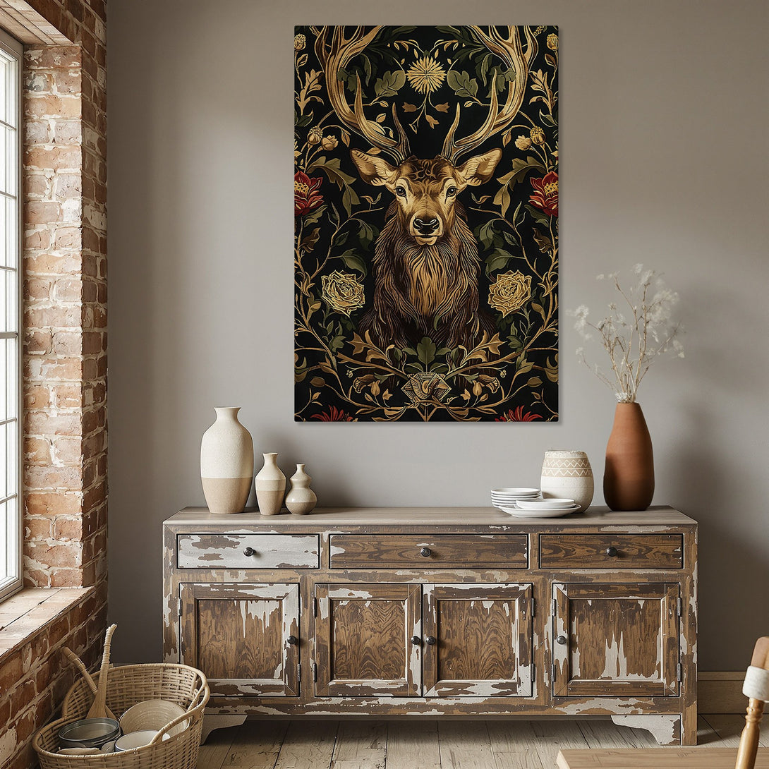 Framed Wall Art featuring a stag in a floral design. Dark, rich color palette with gold accents. Perfect for adding a touch of elegance to any room.