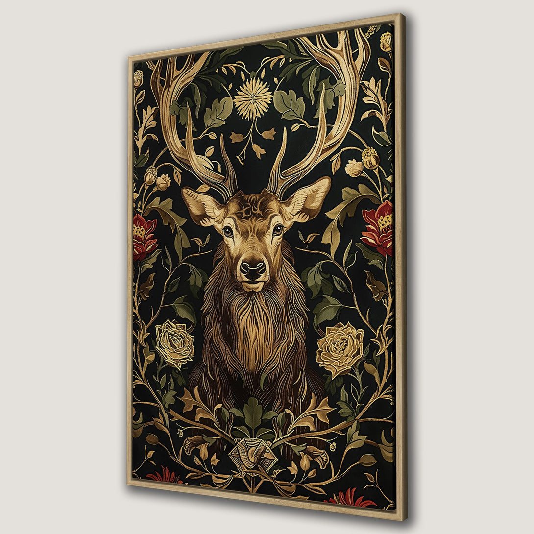 Framed Wall Art featuring a majestic stag in a floral, Art Nouveau style. Rich, dark color palette with gold and red accents.