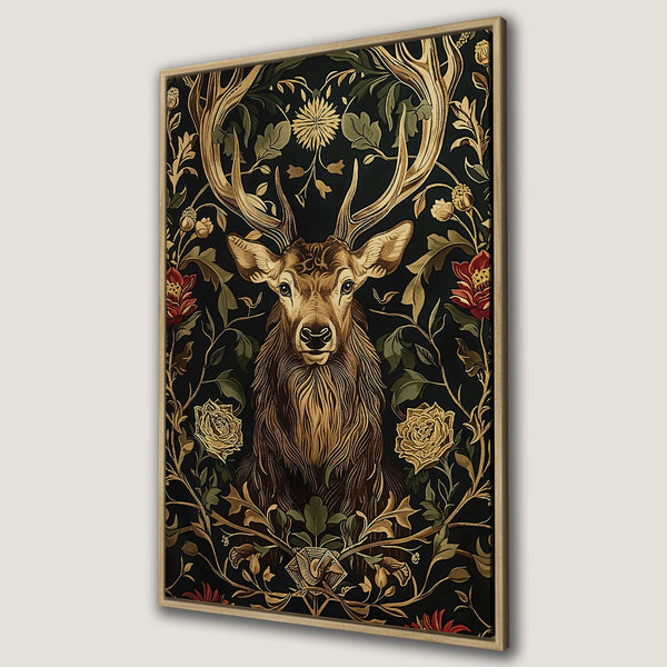 Framed Wall Art featuring a majestic stag in a floral, Art Nouveau style. Rich, dark color palette with gold and red accents.