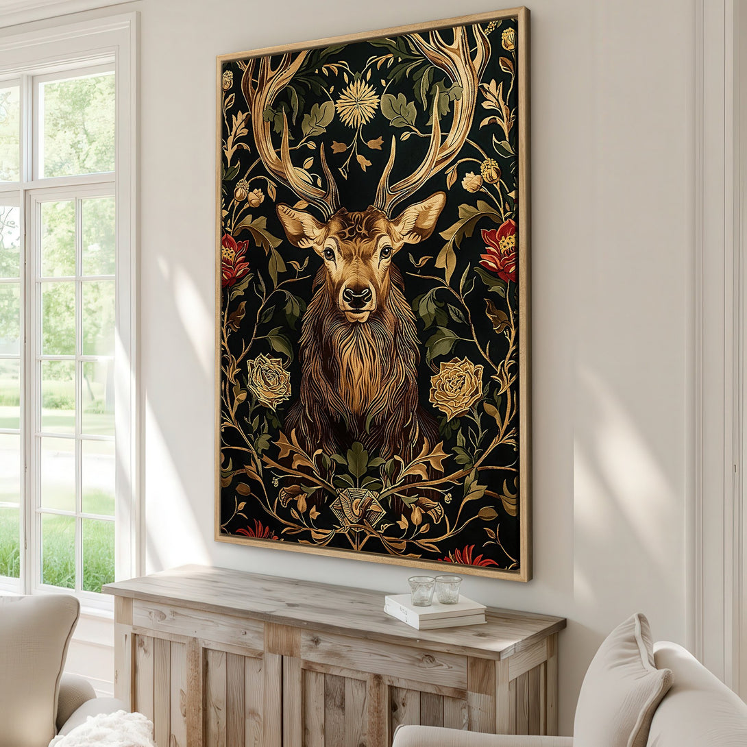Framed Wall Art featuring a majestic deer in an Art Nouveau style, rich with botanical details. Dark, moody color palette with gold and red accents.