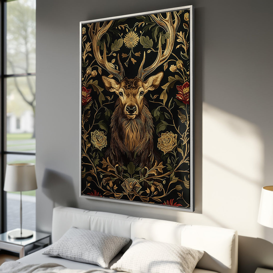 Framed Wall Art featuring a majestic deer in a floral design. This elegant Canvas Print showcases a rich, dark palette with gold and red accents. Perfect for any room!