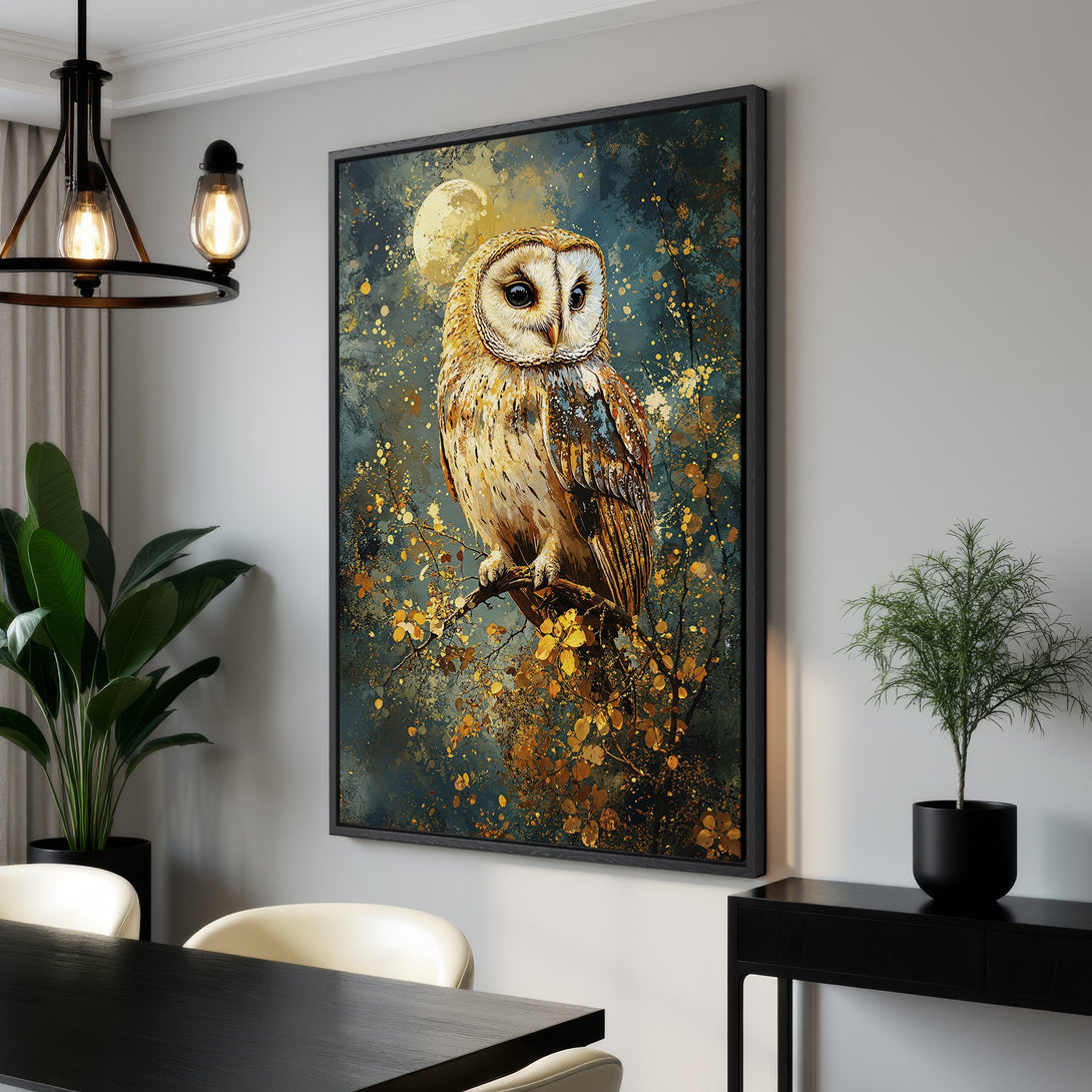 Framed Wall Art featuring a stunning owl against a dark teal and gold backdrop. Add a touch of nature and elegance to your home with this beautiful Canvas Print!