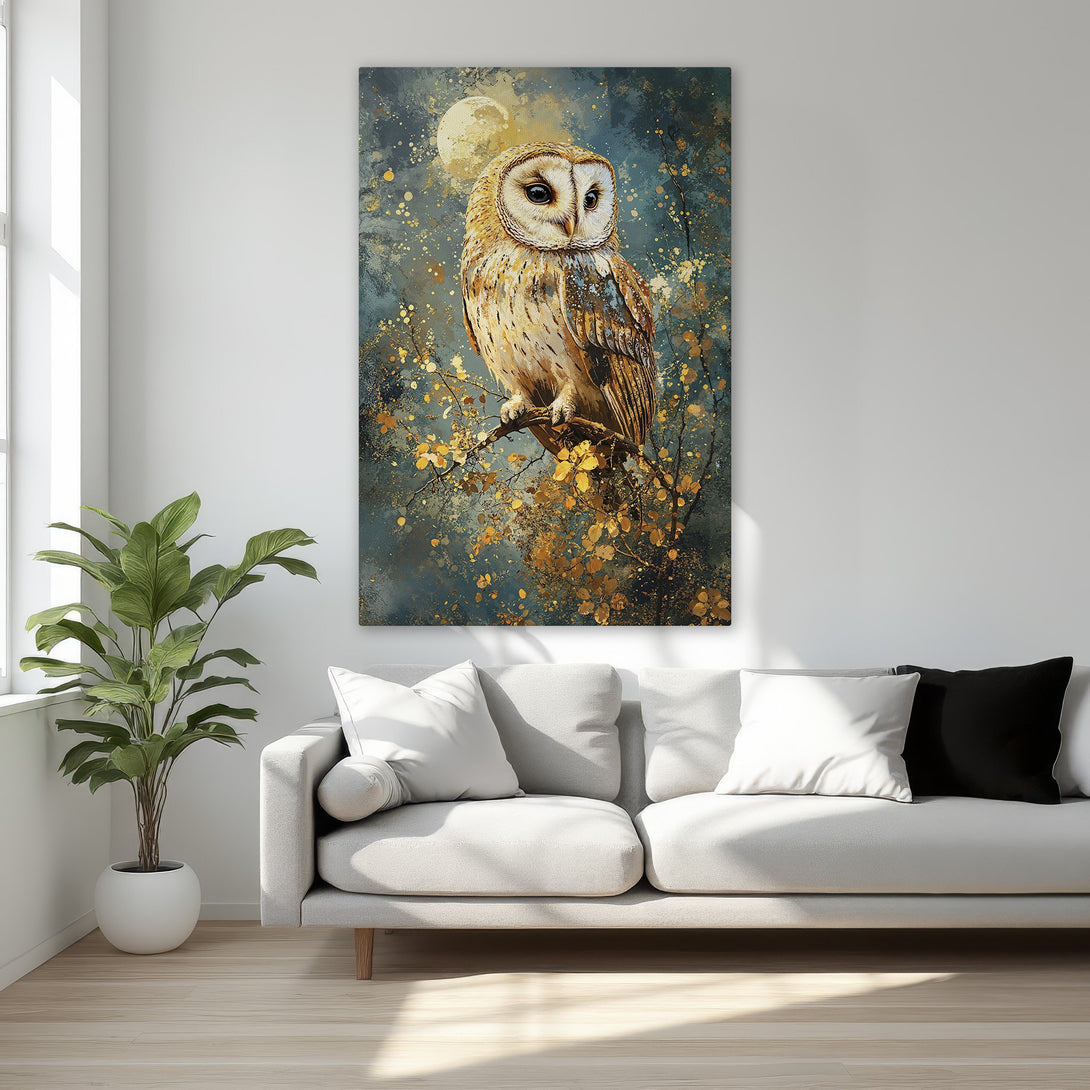 Framed Wall Art: Majestic owl painting in teal, gold, and brown tones. Add elegance to your space with this stunning Canvas Print!