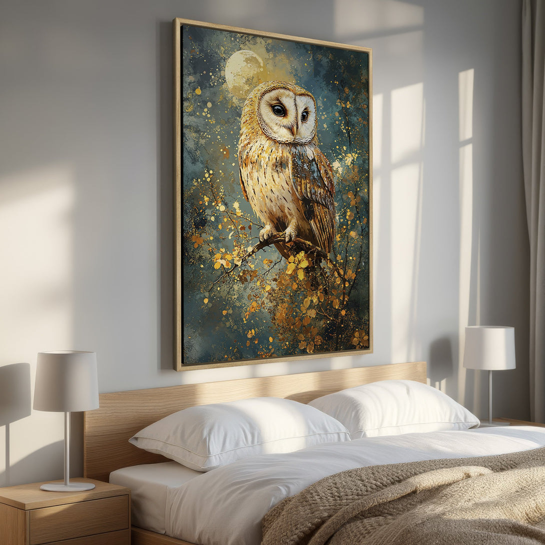 Framed Wall Art: Majestic owl painting in a bedroom. Featuring a teal and gold color palette, this stunning canvas print adds elegance and nature-inspired beauty.