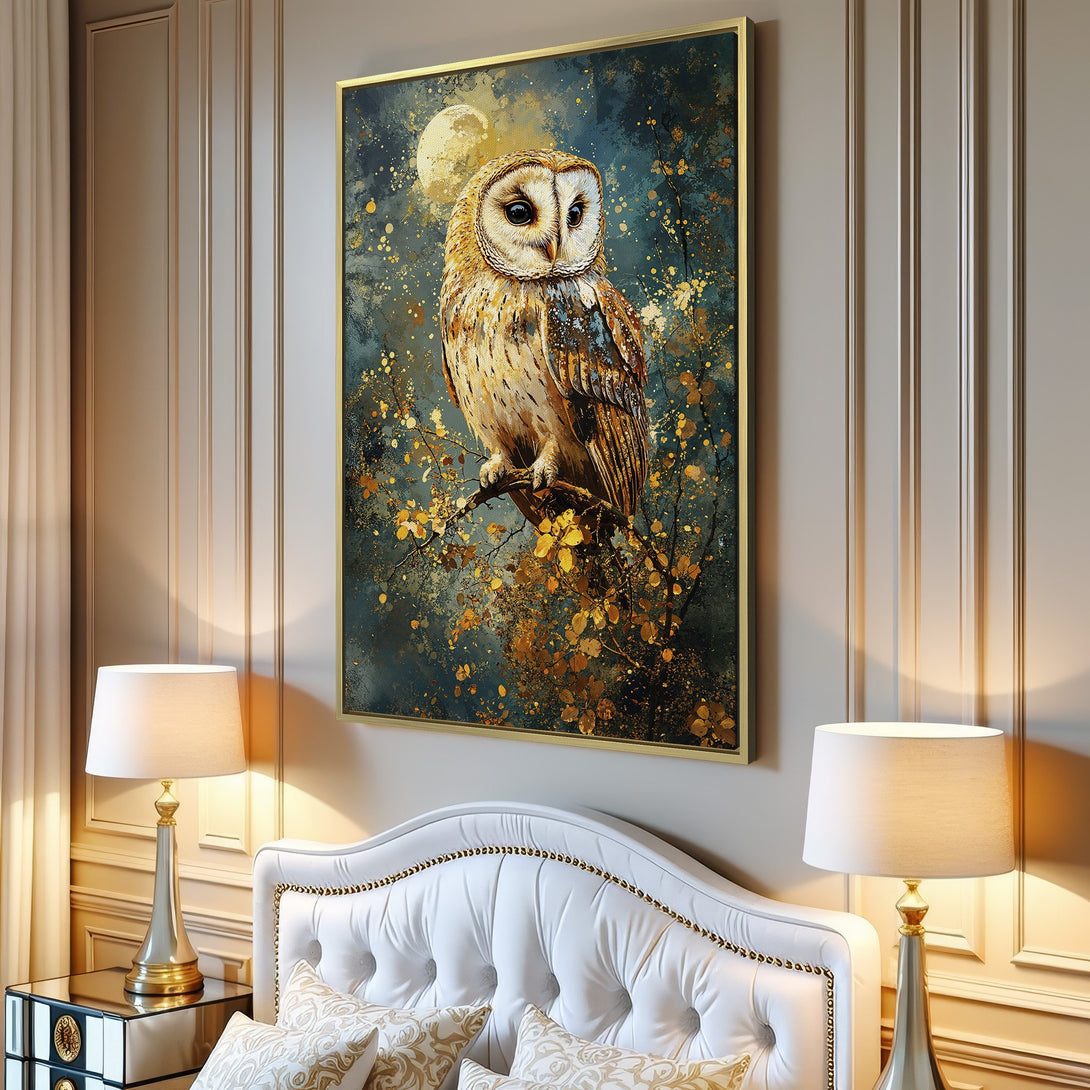 Canvas Print of a majestic owl in a watercolor style with a teal and gold color palette, perfect for adding elegance to your home decor.