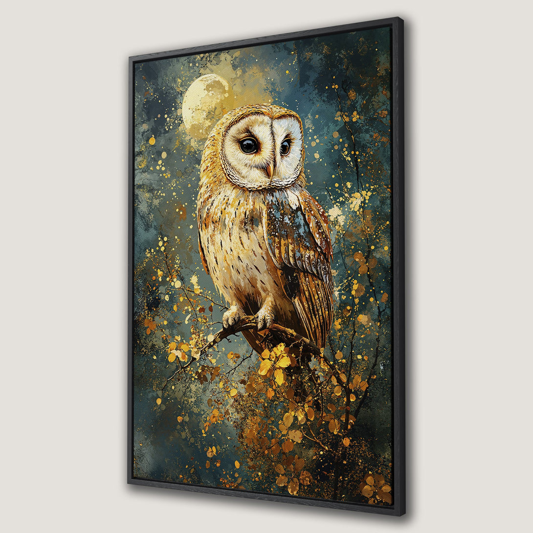 Framed Wall Art: Majestic owl perched on a branch under a golden moon. Stunning artwork in teal, gold, and brown tones. Perfect for adding elegance to any space.