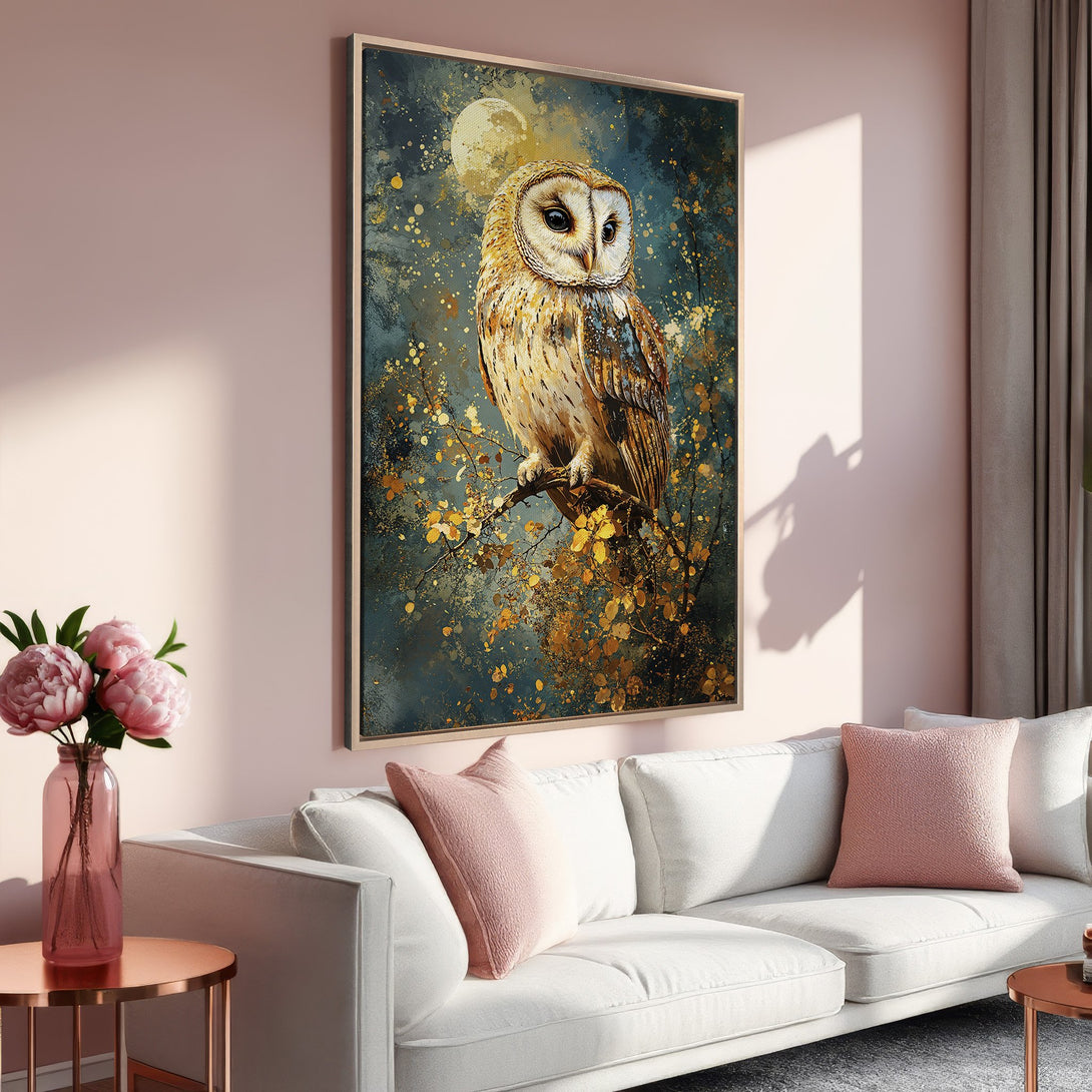 Framed Wall Art: Majestic owl canvas print with a moody, artistic style. Features a teal and gold color palette, perfect for home decor.