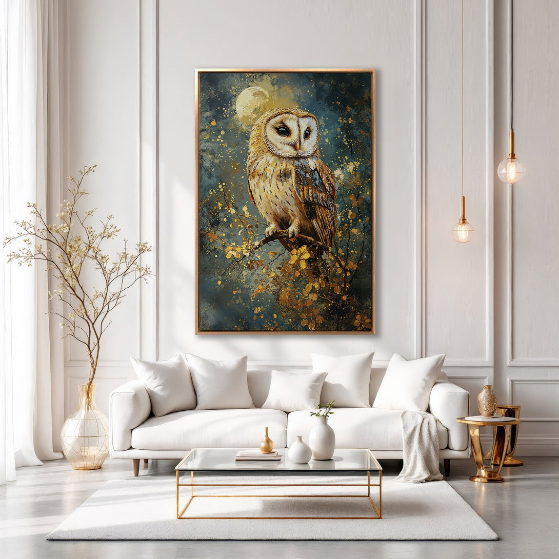 Framed Wall Art: Majestic owl painting in a gold frame. Elegant, abstract style with teal, gold, and beige color palette. Perfect for living room decor.