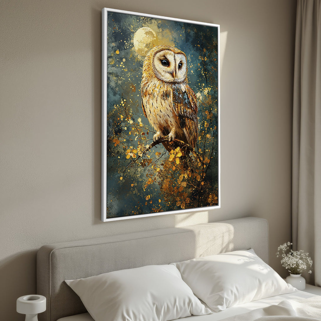 Framed Wall Art featuring a majestic owl in a painterly style with a teal, gold, and brown color palette. Perfect for adding a touch of nature to your home decor.