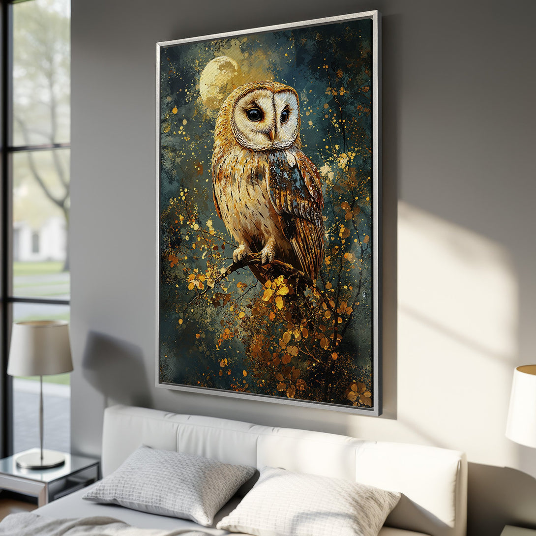 Framed Wall Art: Majestic owl canvas print in a moody, painterly style. Features a teal, gold, and brown color palette. Perfect for adding art to your bedroom.