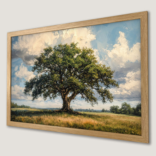 Framed Poster of a majestic tree in a field, painted in a classic style with a warm, natural color palette.