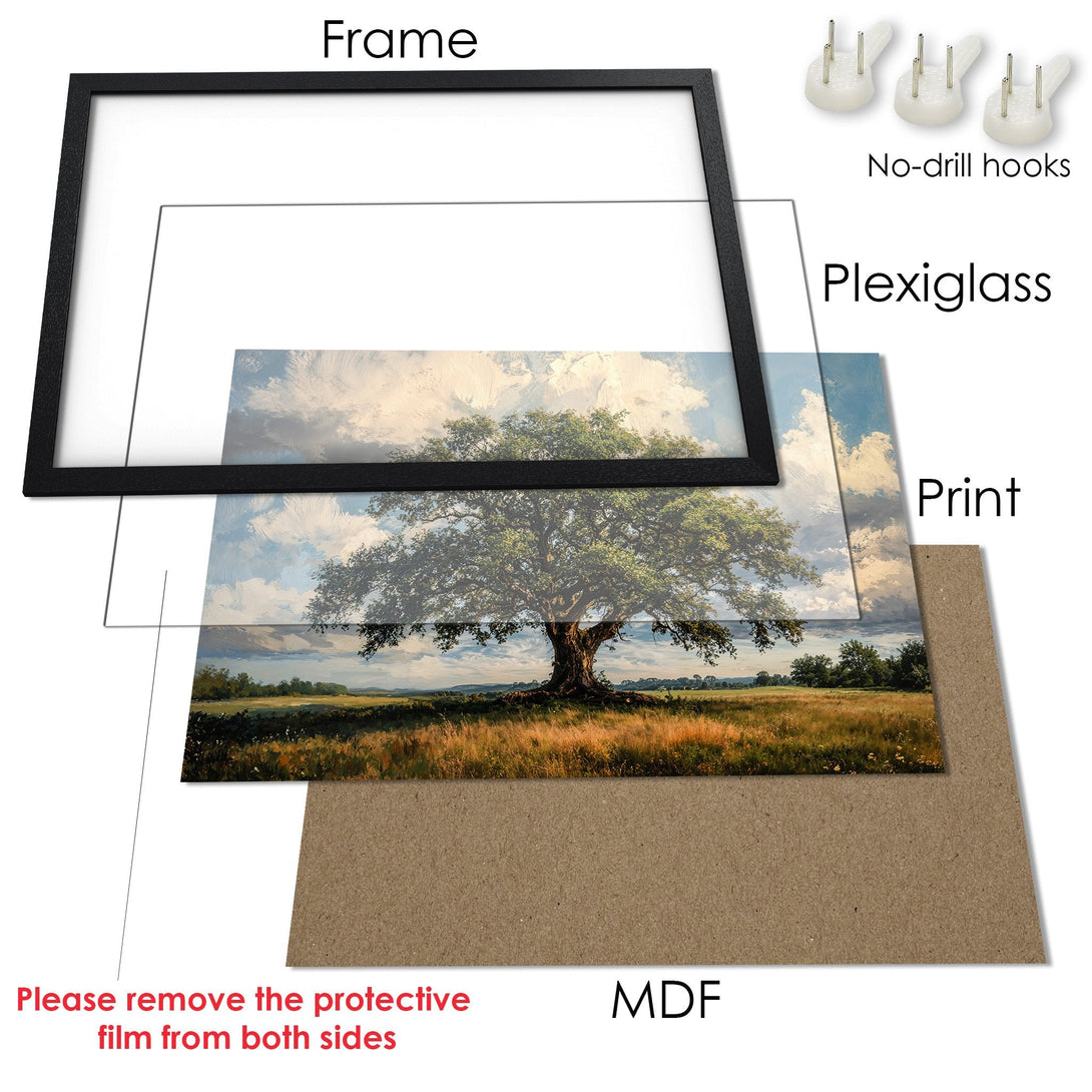 Framed Poster of a majestic tree in a field, painted in a classic style with a natural color palette. Perfect wall art!