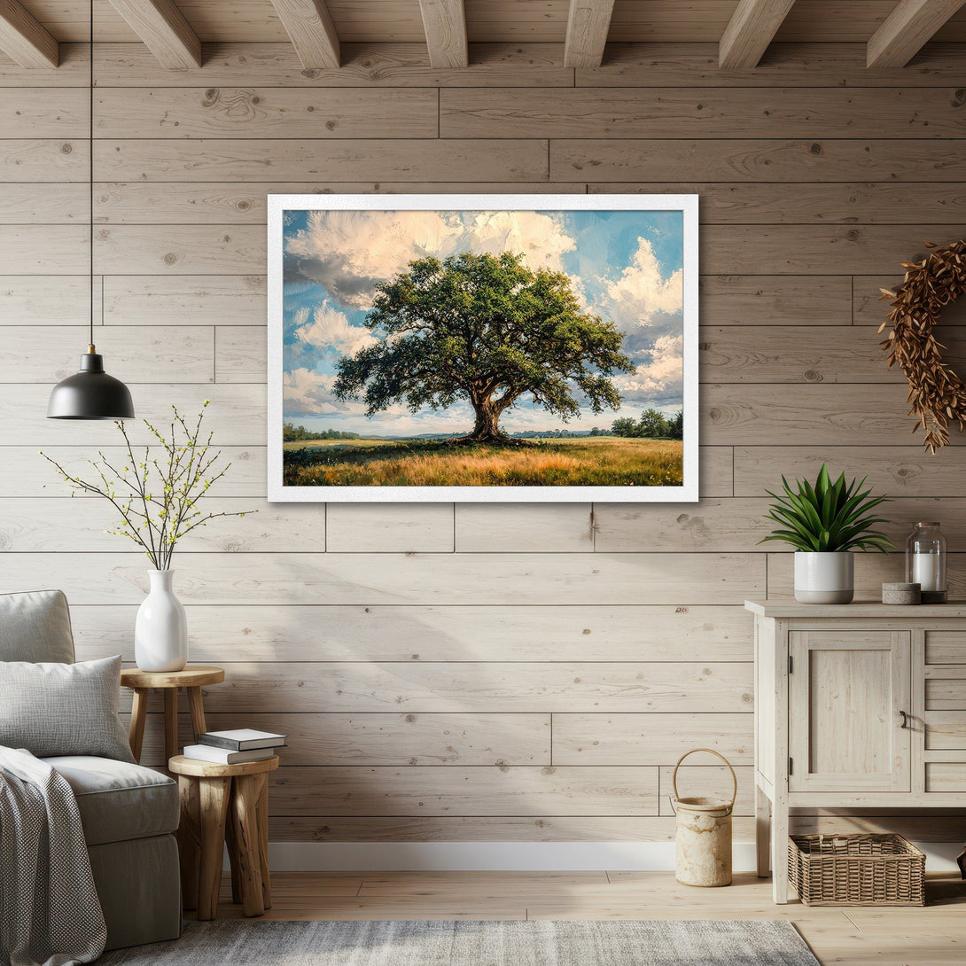 Framed Poster featuring a majestic tree in a field, painted in a classic style with a warm, natural color palette. Perfect wall art!