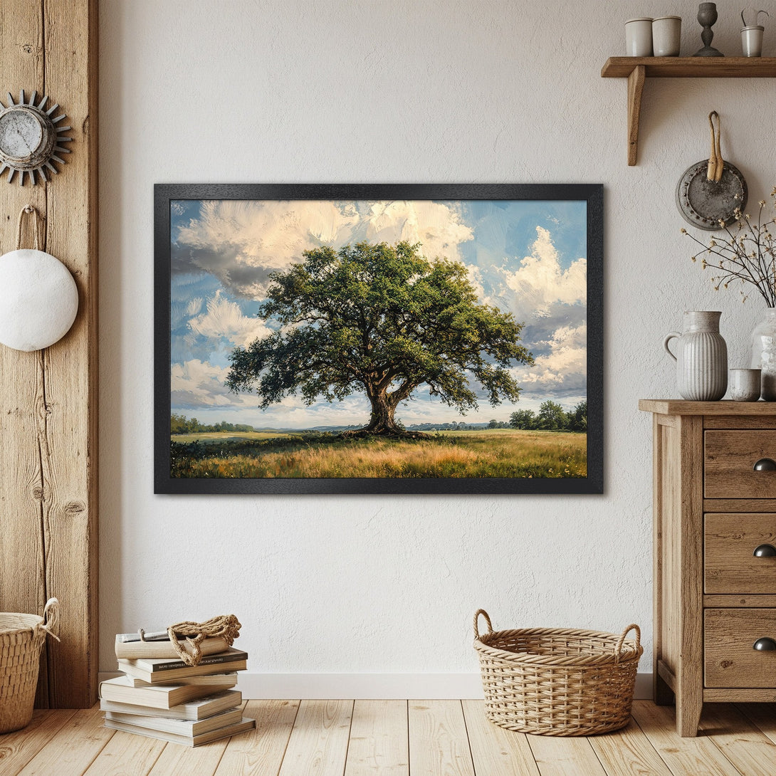 Framed Poster of a majestic tree in a field, impressionist style with green, blue, and gold color palette. Perfect wall art!
