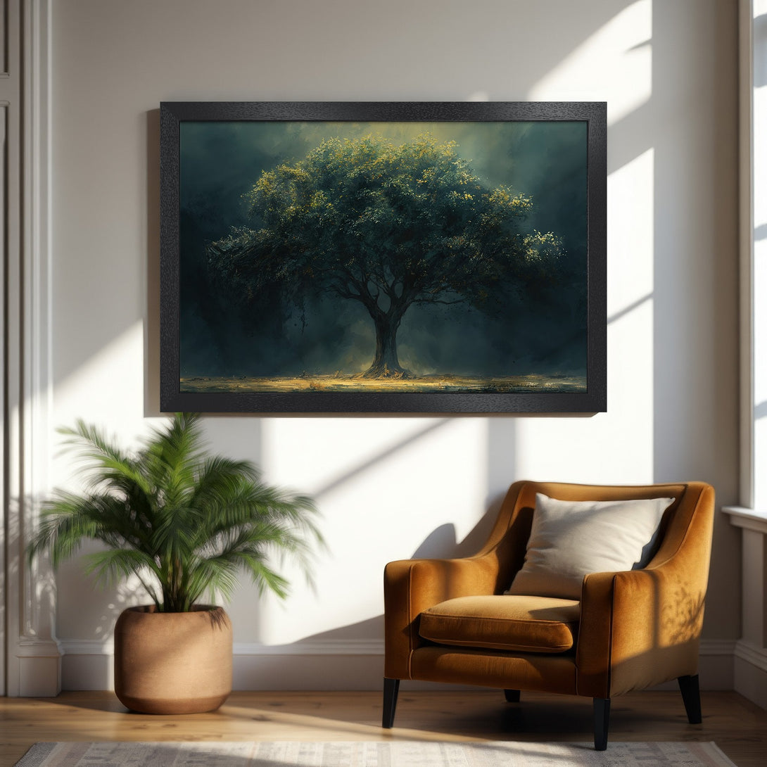 Framed Poster featuring a majestic tree in a moody, painterly style with a dark green and gold color palette. Perfect for home decor!