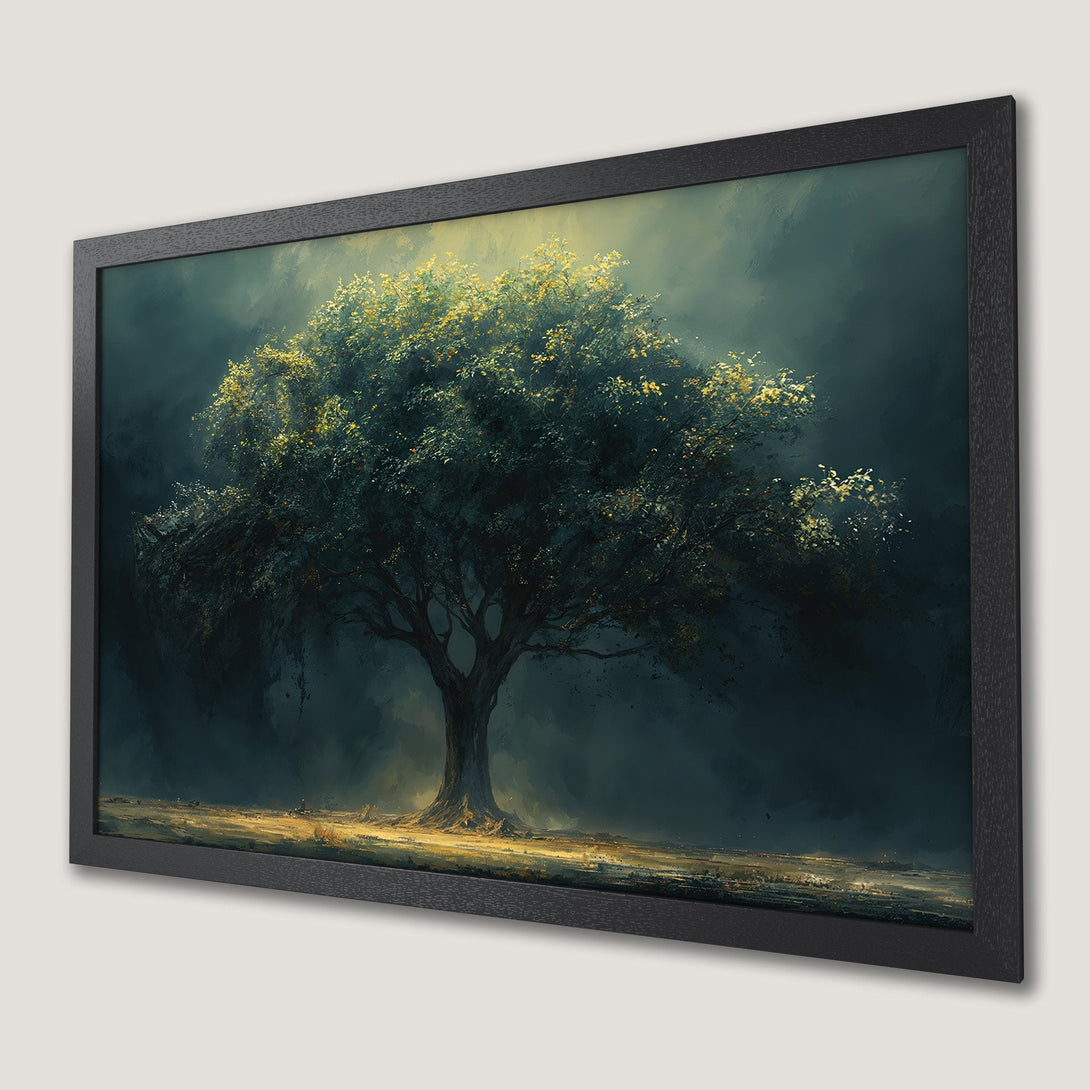 Framed Poster featuring a majestic tree in an impressionistic style with a dark, moody color palette. Perfect wall art for any space.