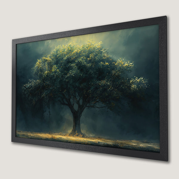 Framed Poster featuring a majestic tree in an impressionistic style with a dark, moody color palette. Perfect wall art for any space.