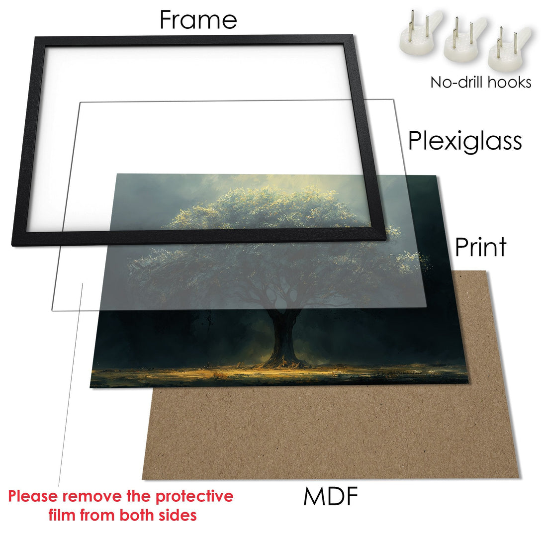 Framed Poster featuring a majestic tree in a moody, artistic style with a dark, earthy color palette. Perfect wall art!