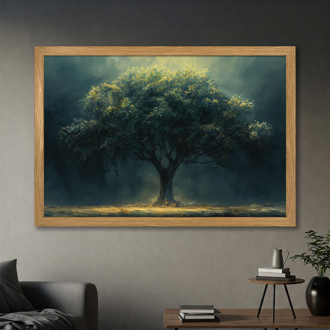 Framed Poster of a majestic tree in a moody, painterly style with a dark teal and gold color palette. Perfect wall art.