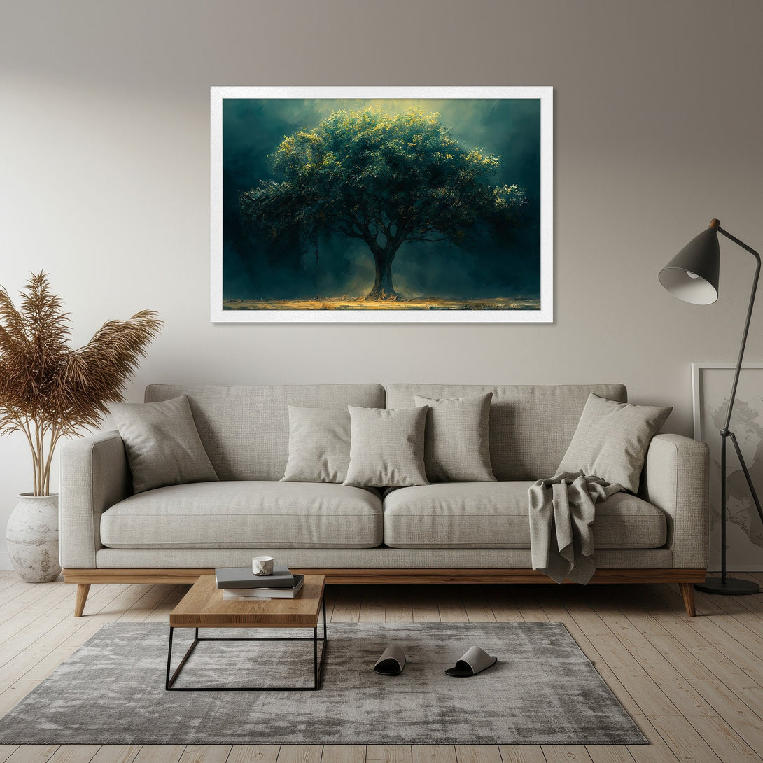 Framed Poster of a majestic tree in a moody, artistic style. Dark blues and greens with golden highlights create a serene, nature-inspired vibe.