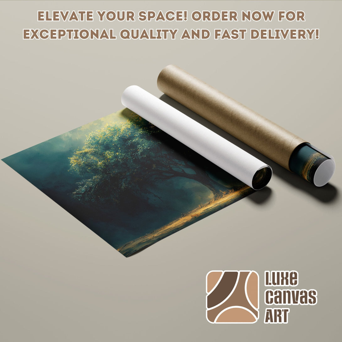 Poster Roll featuring a serene tree painting with a dark teal and gold color palette.