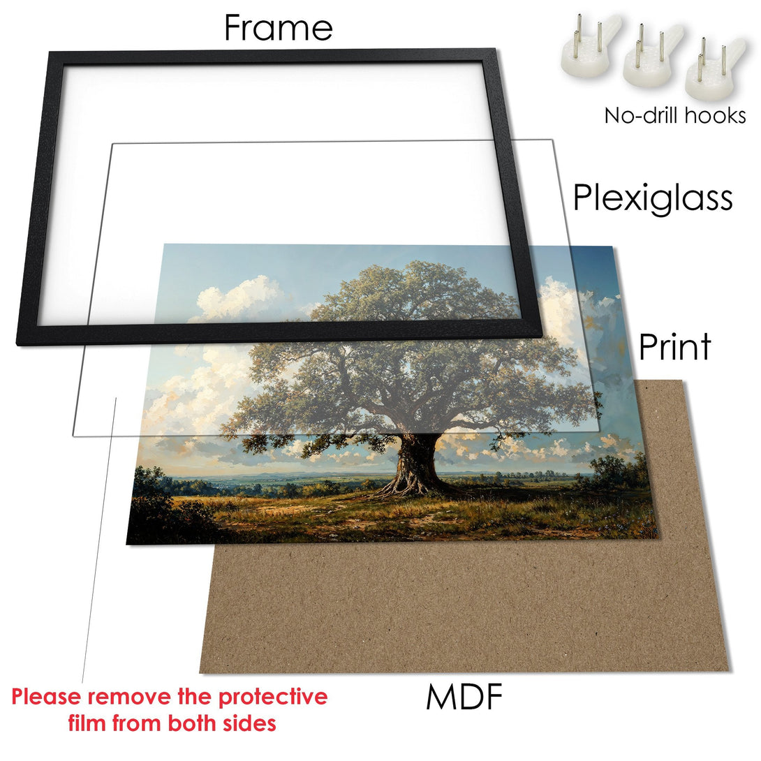 Framed Poster of a majestic tree in a landscape, classic art style, with a natural color palette. Perfect wall decor.
