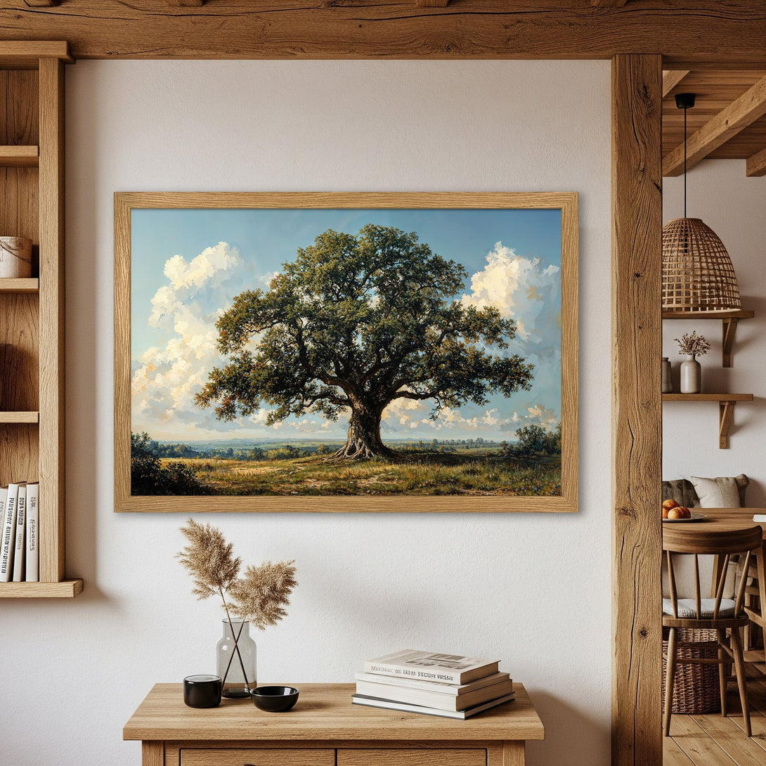 Framed Poster of a majestic tree landscape, painted in a classic style with a natural color palette. Perfect wall art!